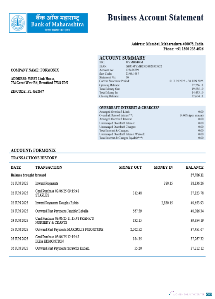 Download Bank of Maharashtra business account statement Word and PDF template Photoshop template